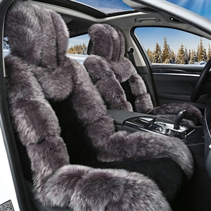 Luxury Pure Wool Automobile Seat Cushion Universal Sheepskin Fur Pads 6pcs Sets - Black Gray
