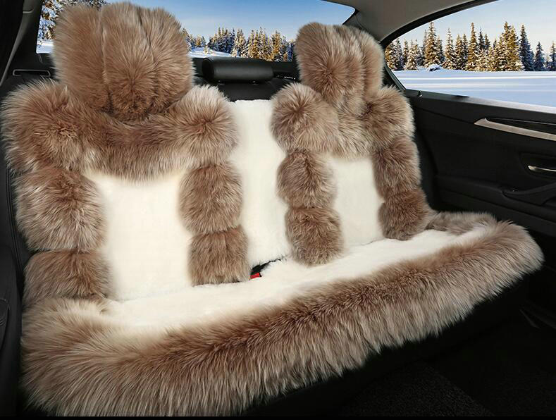 Luxury Pure Wool Automobile Seat Cushion Universal Sheepskin Fur Pads 6pcs Sets - Khaki White