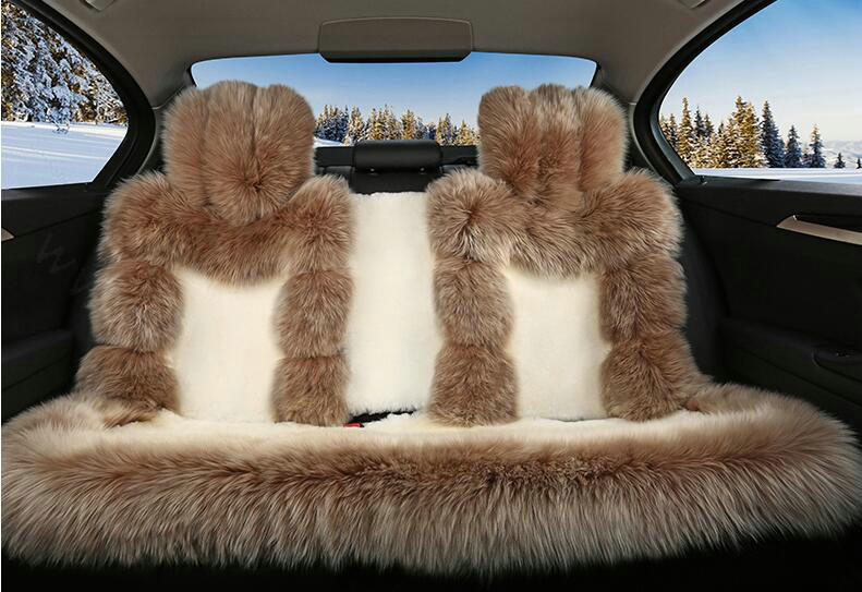 Luxury Pure Wool Automobile Seat Cushion Universal Sheepskin Fur Pads 6pcs Sets - Khaki White