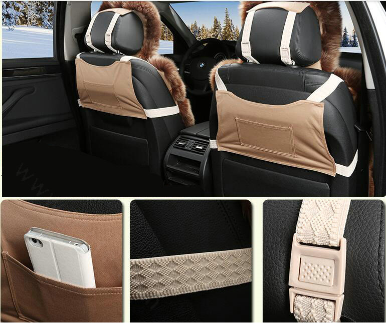 Luxury Pure Wool Automobile Seat Cushion Universal Sheepskin Fur Pads 6pcs Sets - Khaki White