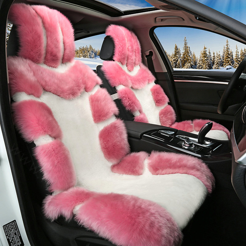 Luxury Pure Wool Automobile Seat Cushion Universal Sheepskin Fur Pads 6pcs Sets - Pink White