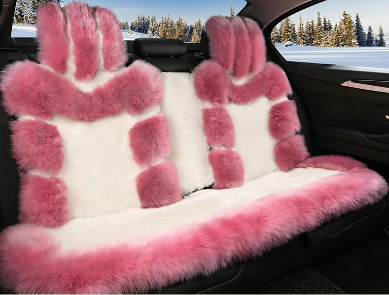 Luxury Pure Wool Automobile Seat Cushion Universal Sheepskin Fur Pads 6pcs Sets - Pink White