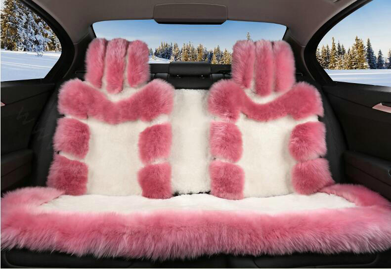 Luxury Pure Wool Automobile Seat Cushion Universal Sheepskin Fur Pads 6pcs Sets - Pink White