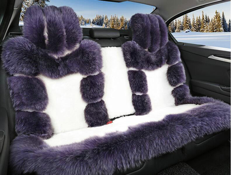 Luxury Pure Wool Automobile Seat Cushion Universal Sheepskin Fur Pads 6pcs Sets - Purple White