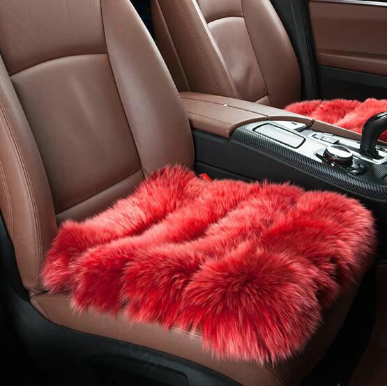 Luxury Pure Wool Universal Car Seat Cushion Winter Sheepskin Fur Auto Pads 1pcs - Red