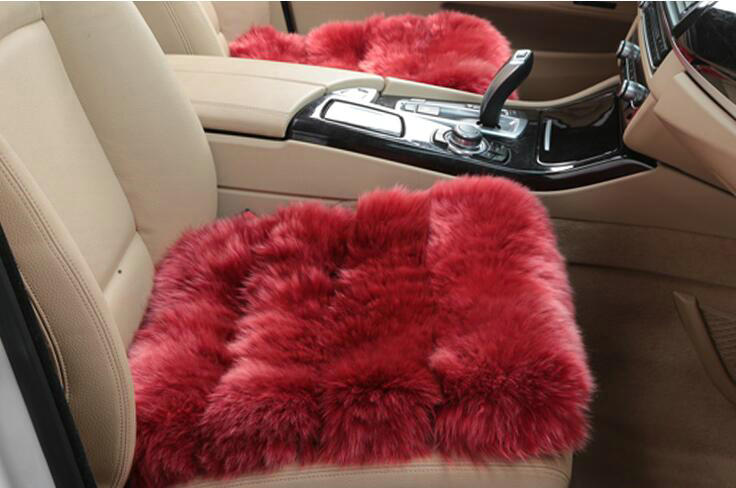 Luxury Pure Wool Universal Car Seat Cushion Winter Sheepskin Fur Auto Pads 1pcs - Red