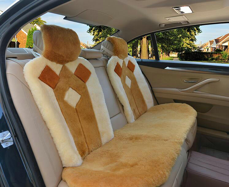 Luxury Rhombus Pure Wool Car Seat Cushion Universal Sheepskin Fur Pads 5pcs Sets - Beige