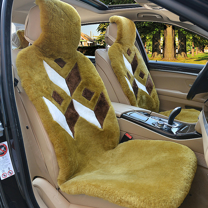 Luxury Rhombus Pure Wool Car Seat Cushion Universal Sheepskin Fur Pads 5pcs Sets - Green
