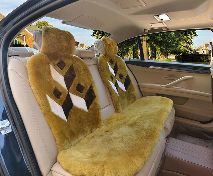 Luxury Rhombus Pure Wool Car Seat Cushion Universal Sheepskin Fur Pads 5pcs Sets - Green