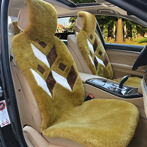 Luxury Rhombus Pure Wool Car Seat Cushion Universal Sheepskin Fur Pads 5pcs Sets - Green