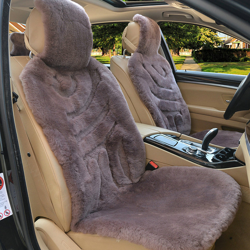 Luxury Winter Pure Wool Car Seat Cushion Universal Sheepskin Fur Pads 5pcs Sets - Bean Paste