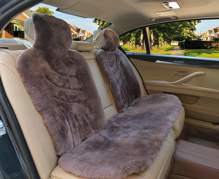 Luxury Winter Pure Wool Car Seat Cushion Universal Sheepskin Fur Pads 5pcs Sets - Bean Paste