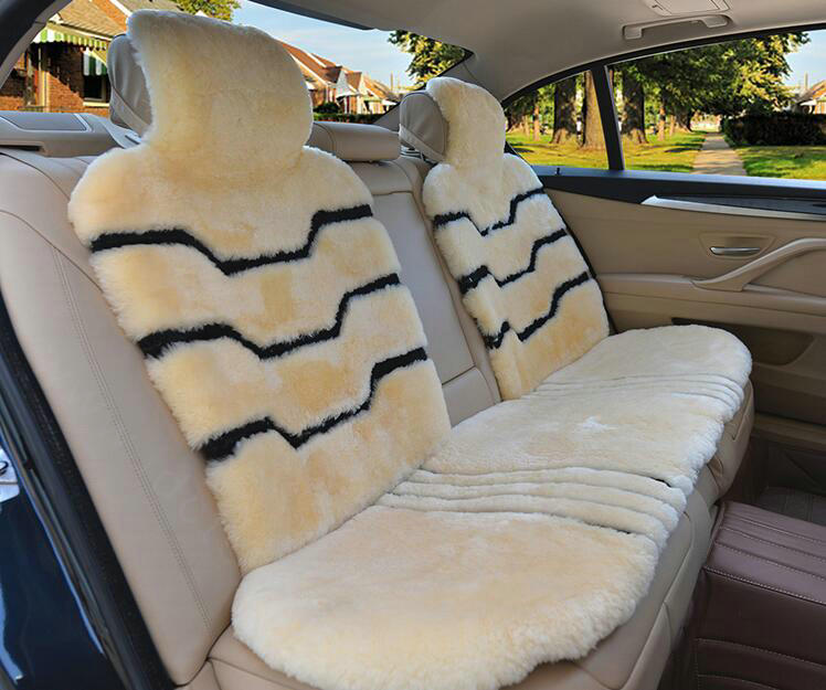 Luxury Winter Pure Wool Car Seat Cushion Universal Sheepskin Fur Pads 5pcs Sets - Beige