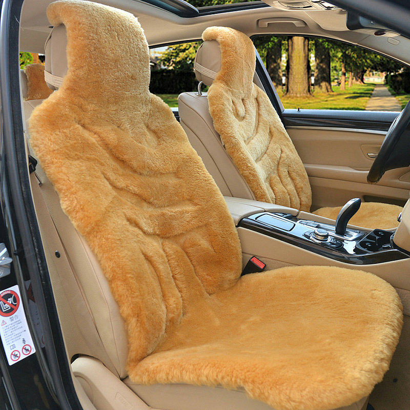 Luxury Winter Pure Wool Car Seat Cushion Universal Sheepskin Fur Pads 5pcs Sets - Camel
