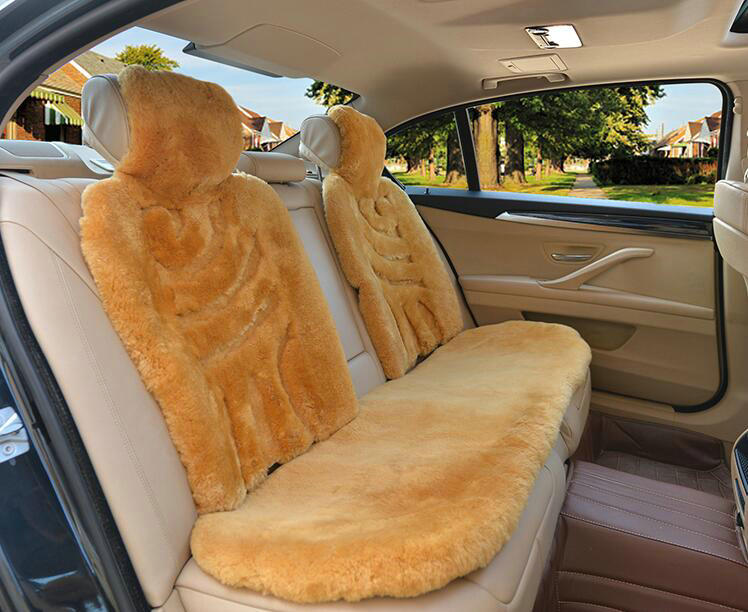 Luxury Winter Pure Wool Car Seat Cushion Universal Sheepskin Fur Pads 5pcs Sets - Camel