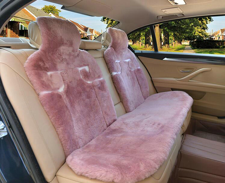 Luxury Winter Pure Wool Car Seat Cushion Universal Sheepskin Fur Pads 5pcs Sets - Pink