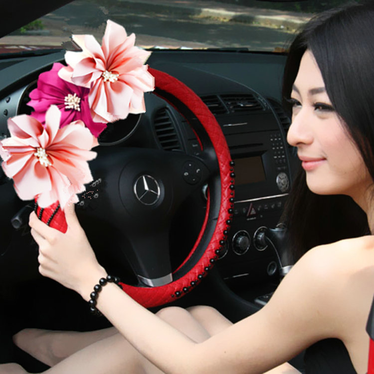 New Crystal Beaded Flower Pu Leather Car Steering Wheel Covers 15 inch 38CM - Red