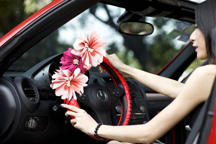 New Crystal Beaded Flower Pu Leather Car Steering Wheel Covers 15 inch 38CM - Red