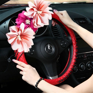 New Crystal Beaded Flower Pu Leather Car Steering Wheel Covers 15 inch 38CM - Red