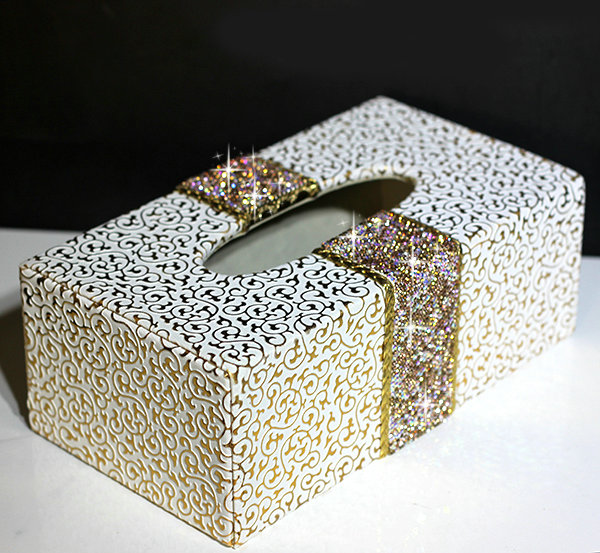 New Crystal Car Tissue Paper Box Case Golden Pattern Leather For Office Home Decor - Champagne