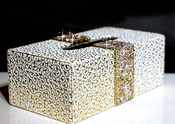 New Crystal Car Tissue Paper Box Case Golden Pattern Leather For Office Home Decor - Champagne