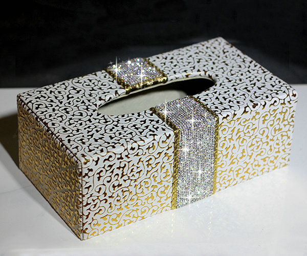 New Crystal Car Tissue Paper Box Case Golden Pattern Leather For Office Home Decor - White