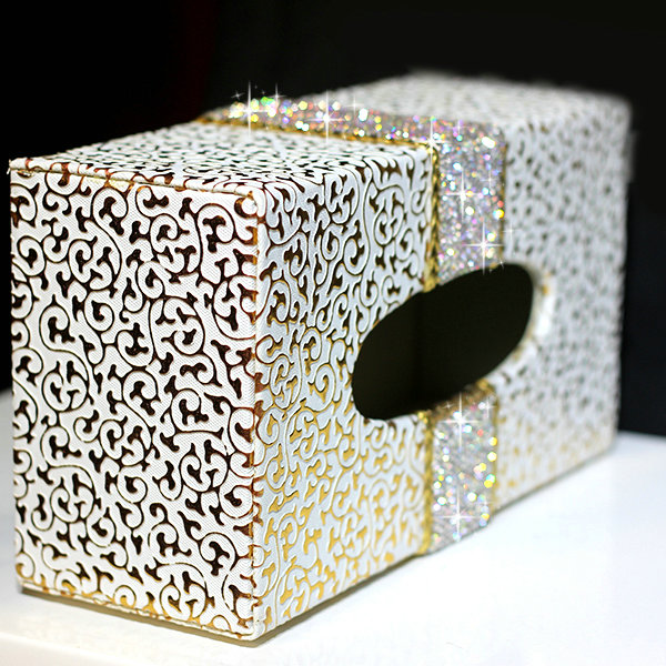 New Crystal Car Tissue Paper Box Case Golden Pattern Leather For Office Home Decor - White