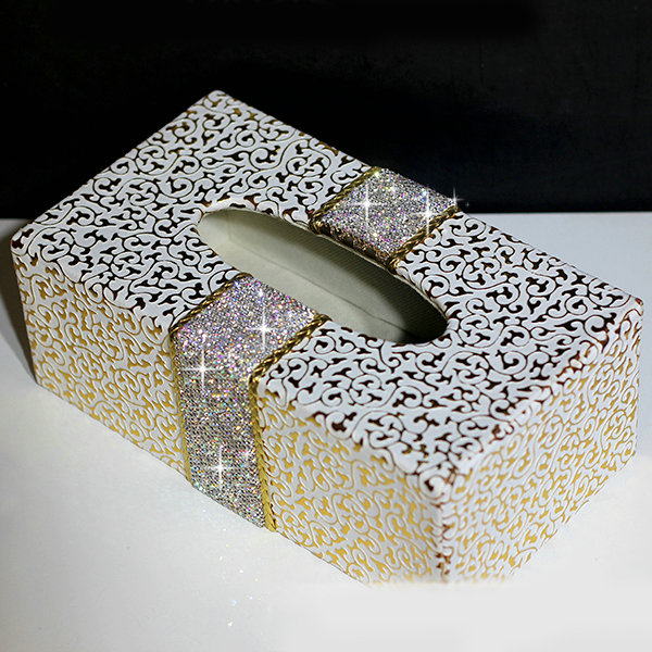 New Crystal Car Tissue Paper Box Case Golden Pattern Leather For Office Home Decor - White