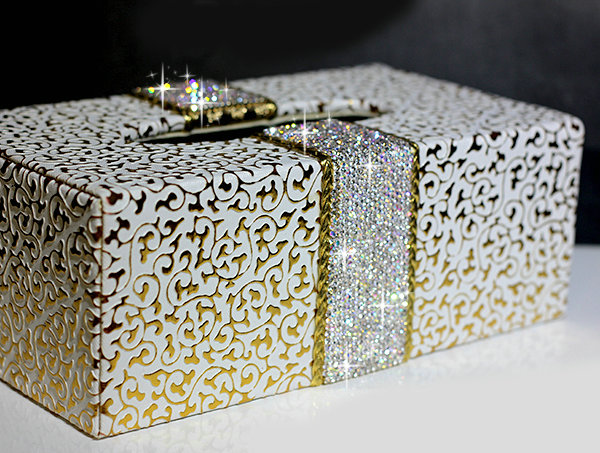 New Crystal Car Tissue Paper Box Case Golden Pattern Leather For Office Home Decor - White