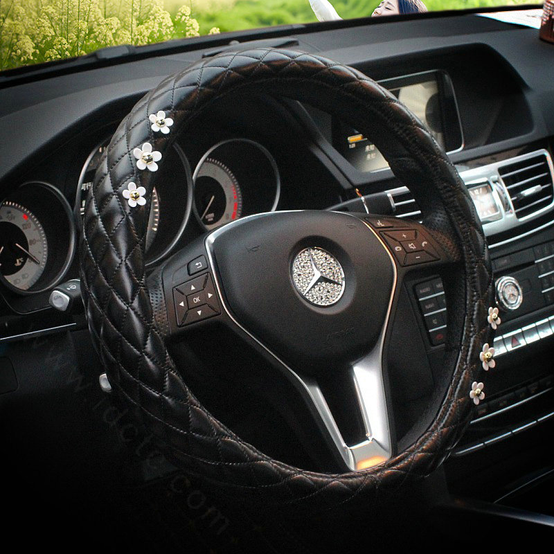 New Daisy Flower Pu Leather Handle Car Steering Wheel Covers 15 inch 38CM - Black