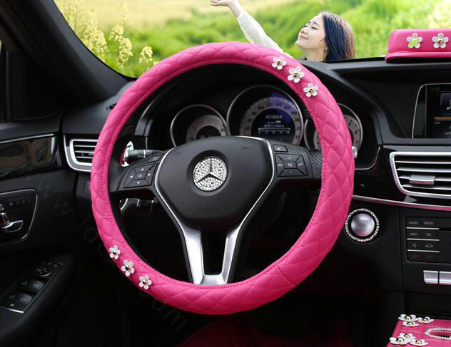 New Daisy Flower Pu Leather Handle Car Steering Wheel Covers 15 inch 38CM - Rose