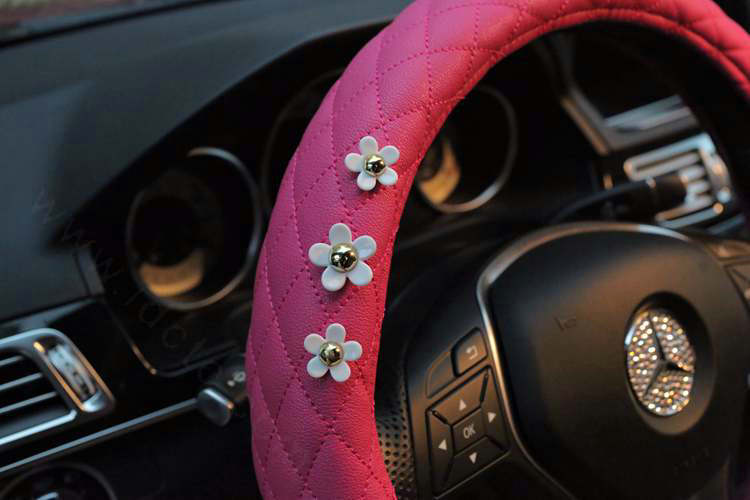 New Daisy Flower Pu Leather Handle Car Steering Wheel Covers 15 inch 38CM - Rose