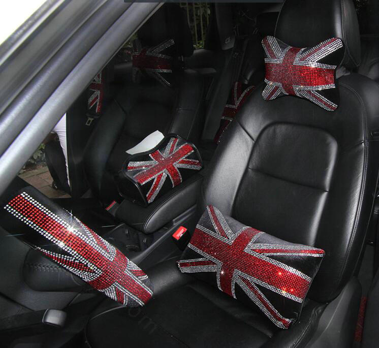New Diamond Plush Car Seat Waist Pillows United Kingdom Flag Lumbar Cushion 1pcs - Black