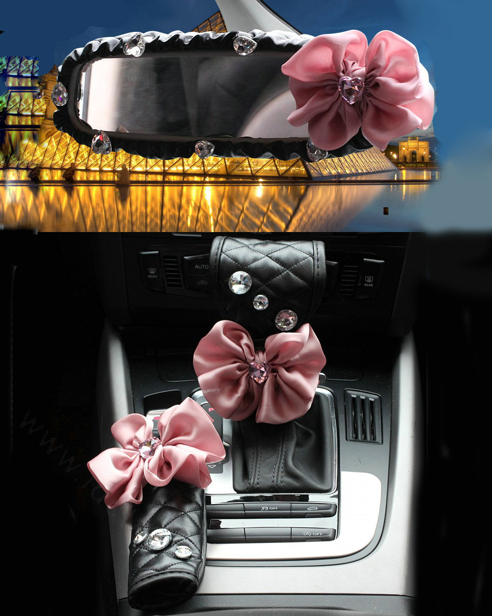 New Flower Crystal Leather Rearview Mirror Cover Handbrake and Gear Cover 3pcs Sets - Pink