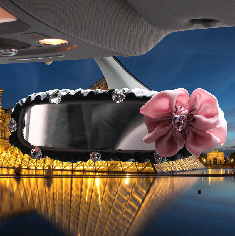 New Flower Crystal Leather Rearview Mirror Cover Handbrake and Gear Cover 3pcs Sets - Pink