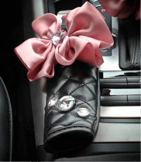 New Flower Crystal Leather Rearview Mirror Cover Handbrake and Gear Cover 3pcs Sets - Pink