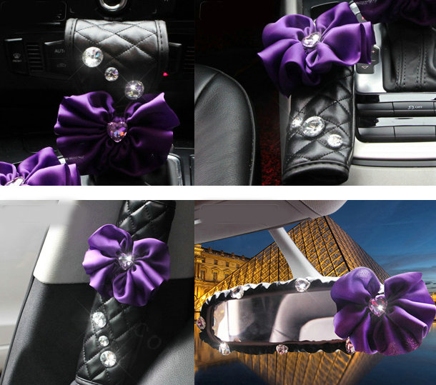 New Flower Crystal Leather Rearview Mirror Cover Handbrake and Gear Cover 3pcs Sets - Purple