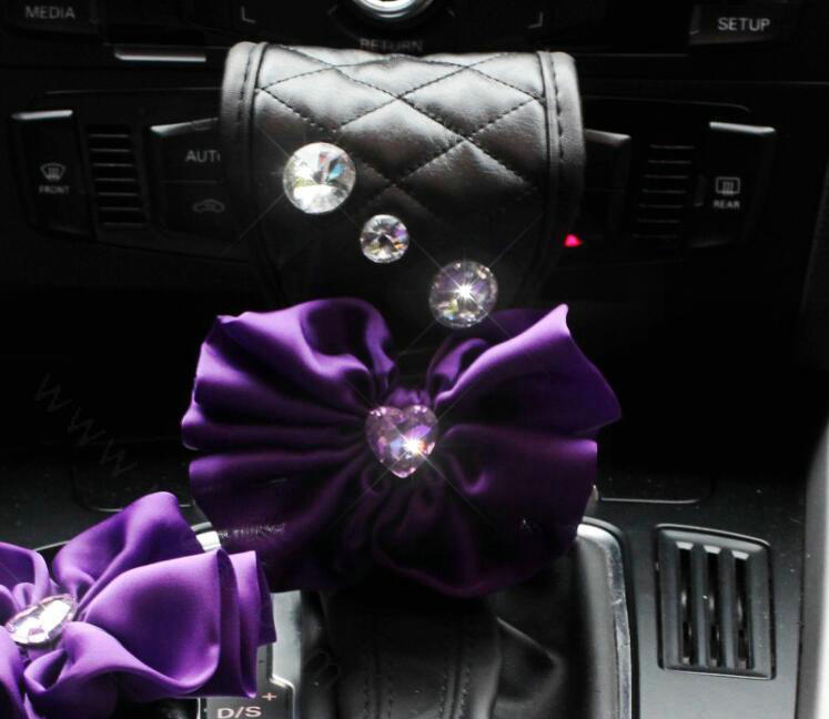 New Flower Crystal Leather Rearview Mirror Cover Handbrake and Gear Cover 3pcs Sets - Purple