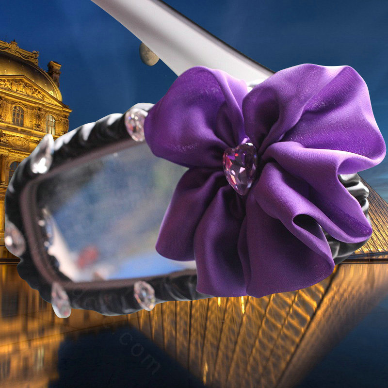 New Flower Crystal Leather Rearview Mirror Cover Handbrake and Gear Cover 3pcs Sets - Purple