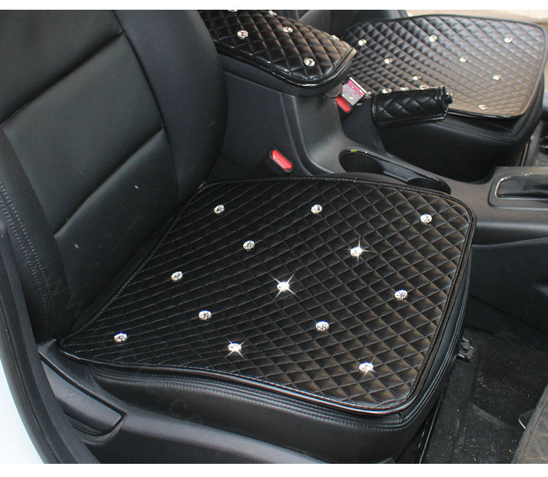 New Studded Crystal Leather Car Front Seat Cushion Woman Universal Auto Pads 1pcs - Black