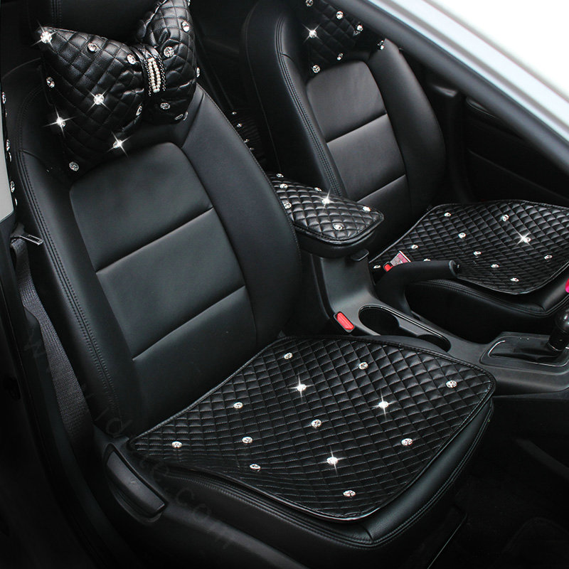 New Studded Crystal Leather Car Front Seat Cushion Woman Universal Auto Pads 1pcs - Black