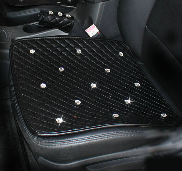 New Studded Crystal Leather Car Front Seat Cushion Woman Universal Auto Pads 1pcs - Black