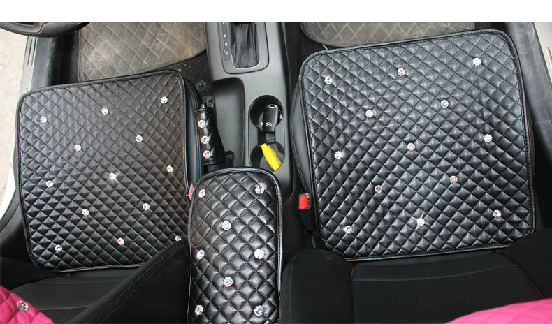 New Studded Crystal Leather Car Front Seat Cushion Woman Universal Auto Pads 1pcs - Black