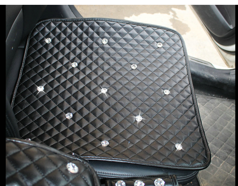 New Studded Crystal Leather Car Front Seat Cushion Woman Universal Auto Pads 1pcs - Black