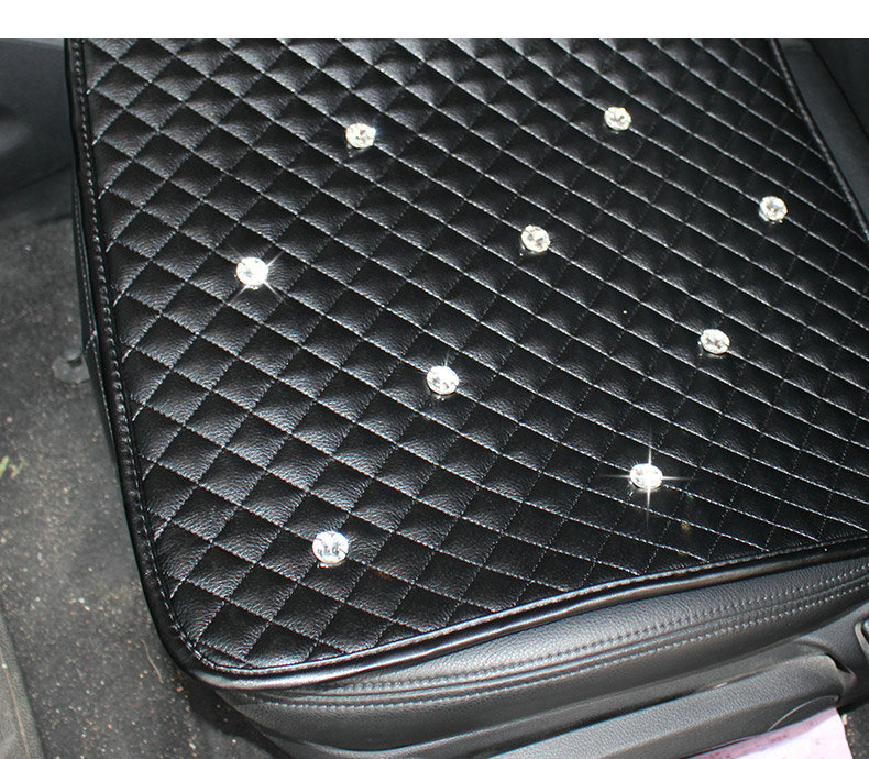 New Studded Crystal Leather Car Front Seat Cushion Woman Universal Auto Pads 1pcs - Black