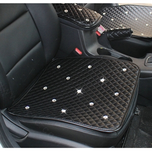 New Studded Crystal Leather Car Front Seat Cushion Woman Universal Auto Pads 1pcs - Black