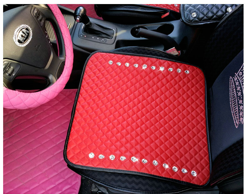 New Studded Crystal Leather Car Front Seat Cushion Woman Universal Auto Pads 1pcs - Red