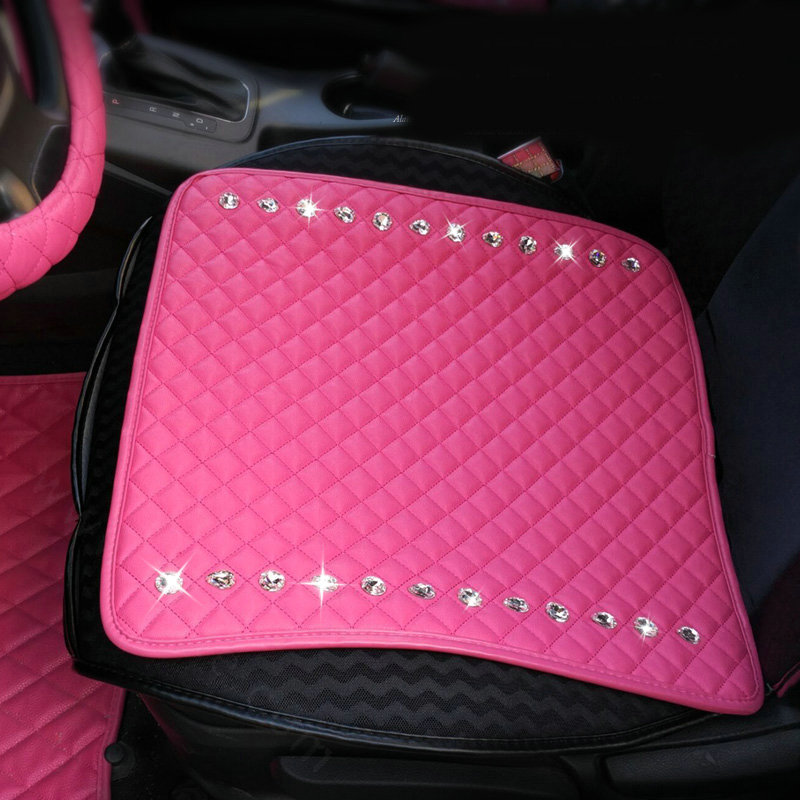 New Studded Crystal Leather Car Front Seat Cushion Woman Universal Auto Pads 1pcs - Rose
