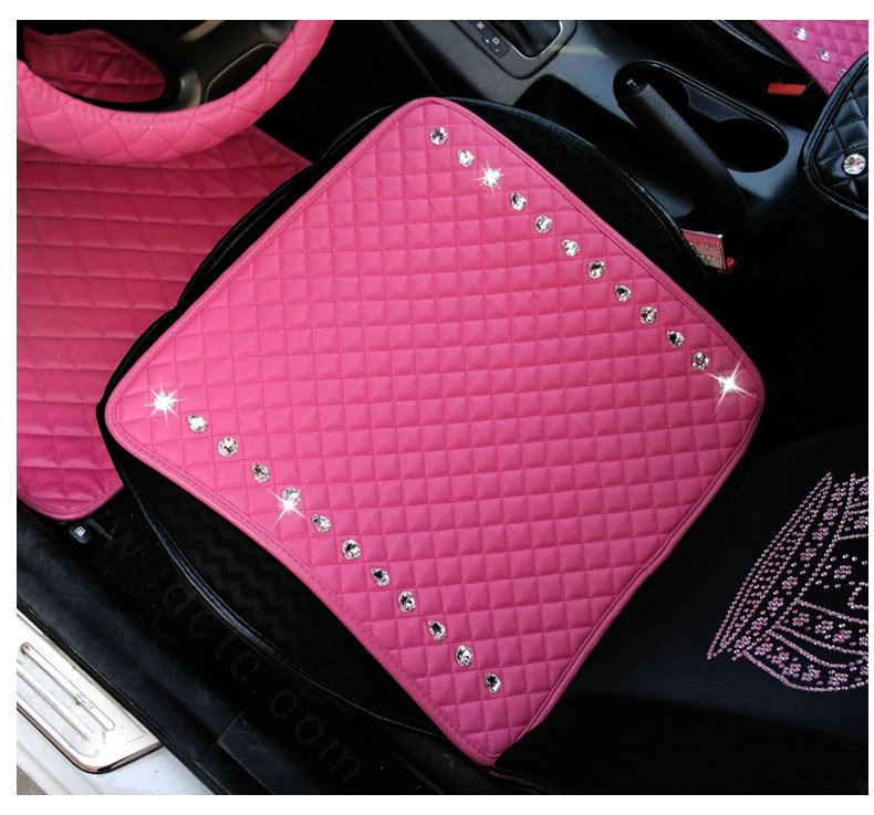 New Studded Crystal Leather Car Front Seat Cushion Woman Universal Auto Pads 1pcs - Rose