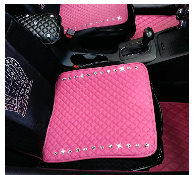 New Studded Crystal Leather Car Front Seat Cushion Woman Universal Auto Pads 1pcs - Rose